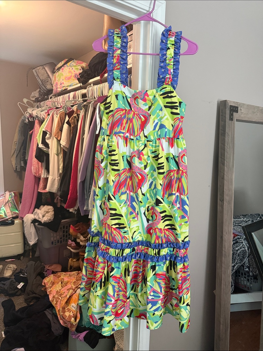 CROSBY by Mollie Burch Neon Green Flamingo Print Ruffle Strap Midi Dress